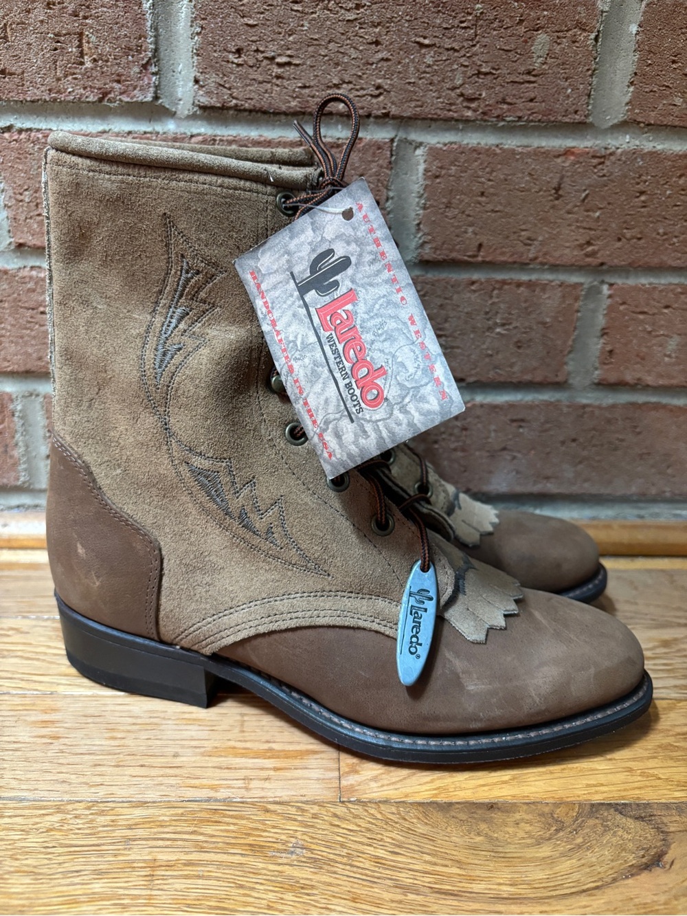 Laredo Western Boots 7.5M Tan Brown Leather Suede Fringe Lace-Up NWT